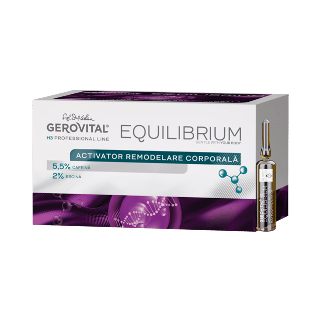 Fiole Activator Remodelare Corporală Pentru Elasticitatea Pielii și Combaterea Celulitei, Cu Cafeină 5,5% și Escină, Gerovital H3 Equilibrium, 20 Fiole X 10 Ml