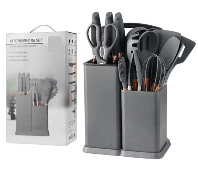Set 19 piese ustensile de bucatarie din lemn si silicon cu suport