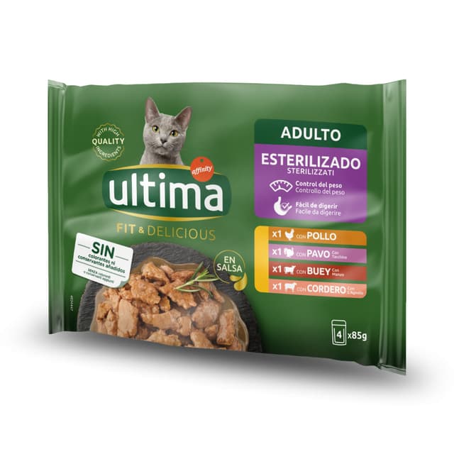 ULTIMA Fit & Delicious Sterilised Selection, Carne, plic hrană umedă pisici sterilizate, (în sos), multipack, 85g x 4buc