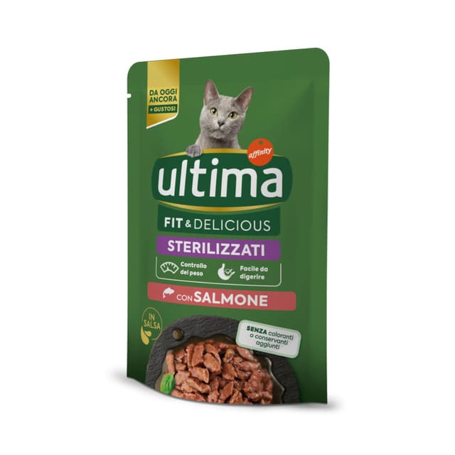 ULTIMA Fit & Delicious Sterilised, Somon, plic hrană umedă pisici sterilizate, (în sos), 85g