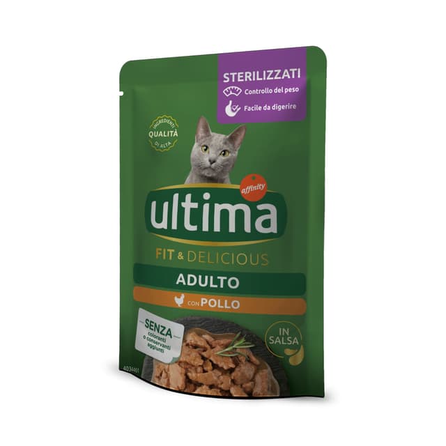 ULTIMA Fit & Delicious Sterilised, Pui, plic hrană umedă pisici sterilizate, (în sos), bax, 85g x 24buc