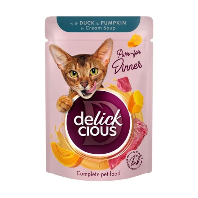 DELICKCIOUS Dinner, Rață și dovleac, plic hrană umedă pisici, (în supă), bax, 85g x 12buc