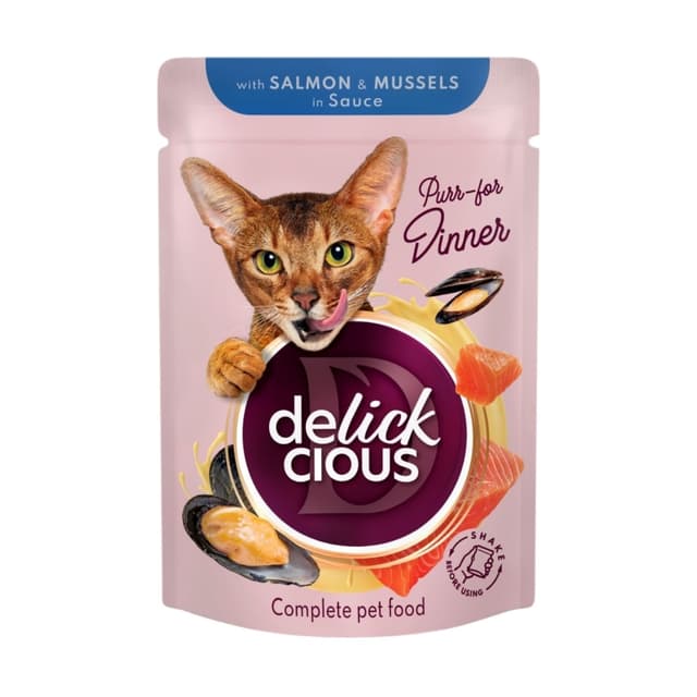 DELICKCIOUS Dinner, Somon și Midii, plic hrană umedă pisici, (în sos), 85g