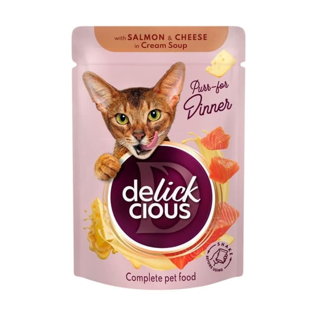 DELICKCIOUS Dinner, Somon și Brânză, plic hrană umedă pisici, (în supă), bax, 85g x 12buc
