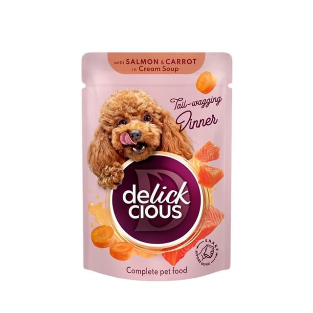 DELICKCIOUS Dinner, XS-S, Somon și Morcov, plic hrană umedă câini, (în supă), bax, 85g x 12buc