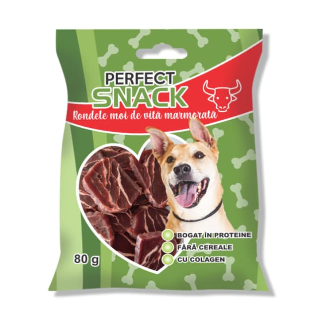 PERFECT SNACK Rondele Marmorate, XS-XL, Vită, punguță recompense fără cereale câini, 80g