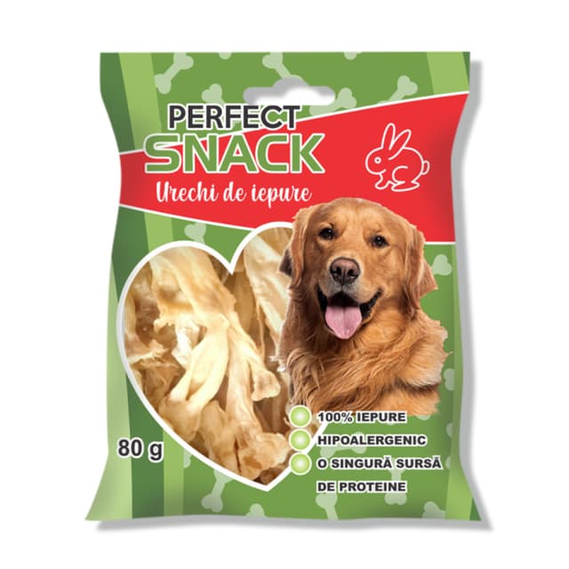PERFECT SNACK Urechi de Iepure, XS-XL, Iepure, punguță recompense monoproteice fără cereale câini, 80g