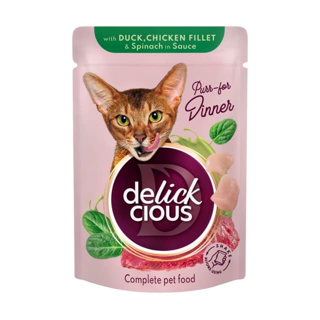 DELICKCIOUS Dinner, Rață și Pui, plic hrană umedă pisici, (în sos), 85g