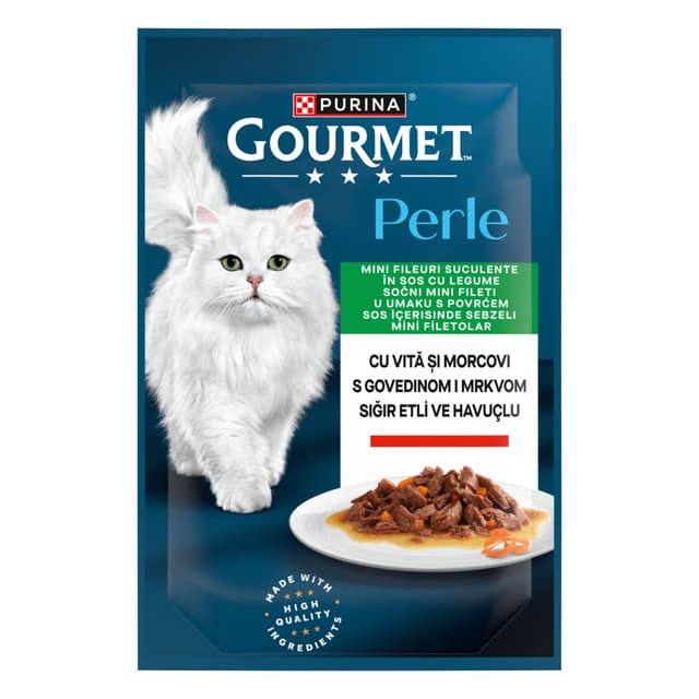 GOURMET Perle, Vită și Morcov, plic hrană umedă pisici, (în sos), bax, 85g x 26buc
